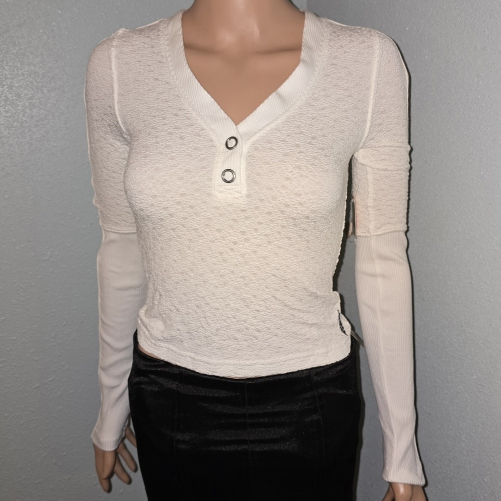 NWT Free People Movement‎ Recovery Layer Top White Combo XS Stretch Mesh Stripe